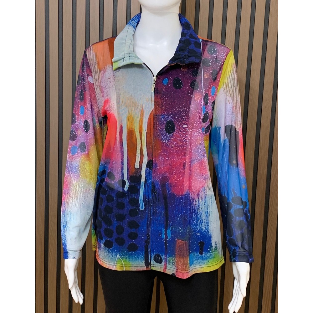 Damee Women's Art to Wear Multi-Color Paint Mesh Zip Front Jacket S Lagenlook
